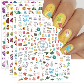 IDDFEVE Easter Nail Art Stickers - Bunny Eggs Flowers Self-Adhesive 3D Nail Decals for DIY Spring Holiday Floral Rabbits Carrot Manicure (6 Sheets)