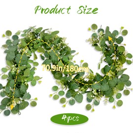 Carreuty Pack of 4 Eucalyptus Garland, 1.8 m Green Leaves Artificial Garland Plant with White Flowers, Eucalyptus Decoration for Background, Wedding Decoration, Festive Table Decorating