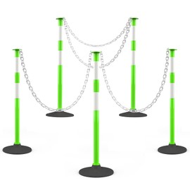 RoadHero 5 Pack Traffic Delineator Post with Weighted Rubber Base, Portable Lime Green Safety Barrier Posts Cones with 5 FT Plastic Chain and Reflective Collars for Parking Lots, Construction Events