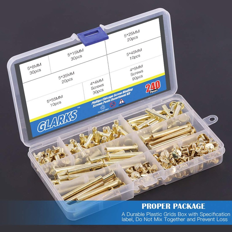 Glarks 120 Sets Gold Chicago Screws Assortment, M5 x 6/15/25/35/45/55