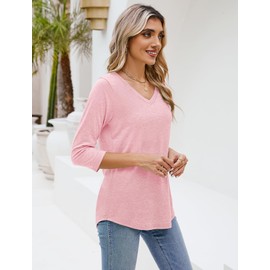 Sherosa 3/4 Length Sleeve Womens Tops V Neck Cotton Summer Tshirts Casual Loose Tunic Tops Pink M