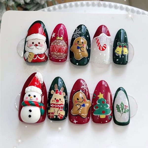 24 Pcs Christmas Press on Nails Medium Almond Red False