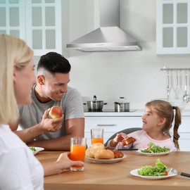 Euhomy Wall Mount Range Hood 30 inch, Range Hood 600 CFM, Vent Hood with 3 Speed Exhaust Fan and 2 2W LED Light, Button Controls, 2 Washable Filter, Stainless Steel