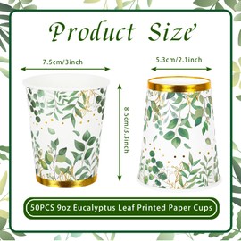 Whaline 50Pcs Eucalyptus Cups Greenery Paper Cup 9oz Disposable Gold Coffee Paper Cups Drinking Cups for Party Woodland Creatures Theme Cold Hot Drinks Birthday Wedding Bride Shower Party Supplies