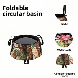 Portable Foldable Sink Bucket for Camping/Basin, Travel - Thickened Leakproof Nylon, Reinforced Handle, Multi-Use (Car, Fishing, Dishes, Wash) Camouflage