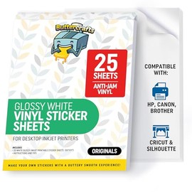 Glossy Printable Vinyl Sticker Paper Waterproof 25 Sheets 8.5"x11", Inkjet Printer (Non-Epson)- White Vinyl Sticker Sheets - Strong Adhesive