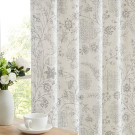 Vision Home Floral Linen Curtains 84 inch Long Rod Pocket Back Tab Farmhouse Light Filtering Botanical Print Window Curtains for Living Room Bedroom Semi Sheer Drapes Gray on Beige 2 Panels,54"Wx84"L