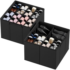 SpaceAid Shoe Organizer for Closet, 2 Pack Foldable Shoe Storage Containers Baskets Boxes Bins w/Adjustable Dividers, Fits 16-32 Pairs, Black