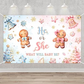 MEHOFOND Winter Gender Reveal Backdrop Banner, Christmas Gingerbread He or She What Will Baby Be Party Supplies, Pink or Blue Cookie Snowflake Xmas Boy or Girl Baby Shower Decorations 70.8x43.3Inch