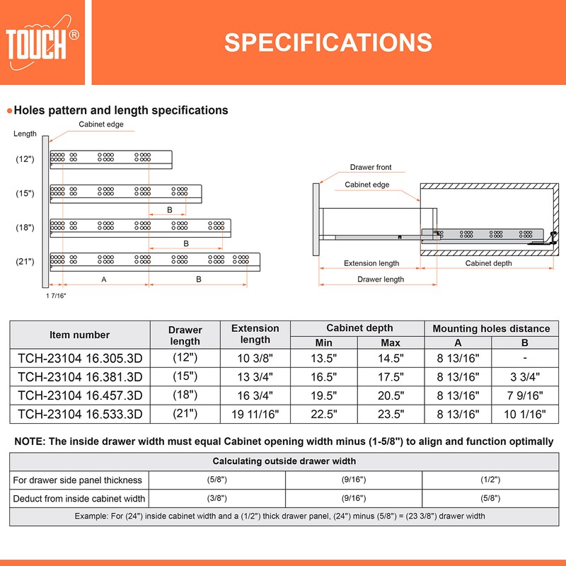 TOUCH Undermount Drawer Slides, Self-Soft Close (1 Pair, 15 Inch