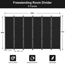 Kokorona 6 Panel Room Divider, 6FT Tall Folding Privacy Screen Wall Dividers, Portable Privacy Screen Freestanding Room Divider for Room Separation, Included - Cover Strips, Black, 120''W x 72''H