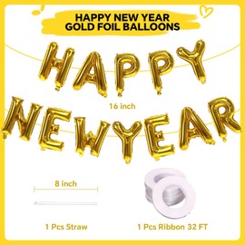 Gold Happy New Year Balloons, 16 Inch Happy New Year Foil Letter Balloons, 2025 New Years Decorations for New Years Eve Party Supplies 2025 New Years Eve Décor