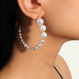 Aloluo Pearl Big Hoop Stud Earring for Women Girls Silver Gold Imitation Pearl Ball Bead C Shaped Round Circle Geometry Earring Wedding Christmas Valentine's Day Jewelry Gifts for Wife Girlfriend, Metal, No Gemstone