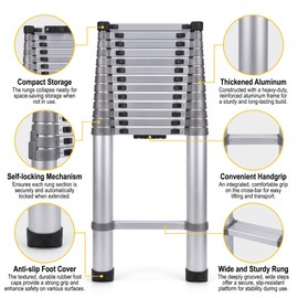 Telescoping Ladder 14 FT, Aluminum Lightweight Extension Ladder Up to 330lbs