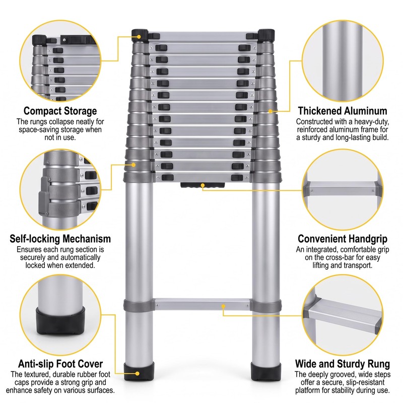 Telescoping Ladder 14 FT, Aluminum Lightweight Extension Ladder Up to