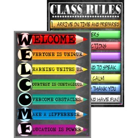 Welcome Acronym and Class Rules Posters- Laminated 14x19.5 in.- Educational Classroom Posters and Decoration, Back to School Supplies for Teachers, Charts for Preschool, Kindergarten, Elementary, Home School