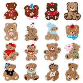 Ktxaby 16 Pcs Bear Iron On Patches for Hats,Cute Embroidered Bear Appliqué Set, Small Sew On Patches for Clothing Repair, DIY Embroidery Patches for Jackets Jeans Bags Accessories
