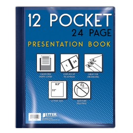 12 Pocket Bound Presentation Book, Blue with Clear View Front, 24 Sheet Protector Pages, 8.5" x 11" Sheets, by Better Office Products, Art Portfolio, Durable Poly Covers, Letter Size, Blue