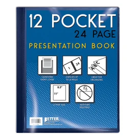 12 Pocket Bound Presentation Book, Blue with Clear View Front, 24 Sheet Protector Pages, 8.5" x 11" Sheets, by Better Office Products, Art Portfolio, Durable Poly Covers, Letter Size, Blue