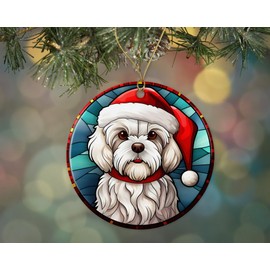 Maltese Christmas Stained Glass Ceramic Ornament, Christmas Tree Hanging Ornament, Dog Stained Glass Ornament, Ornament Religious Gift for Christians Printed on Both Sides