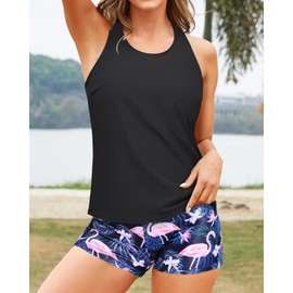Yonique - Trajes de baño tankini para mujer, 3 piezas, playera sin mangas con pantalones cortos para niño y brasier modestos trajes de baño, Negro -, X-Small