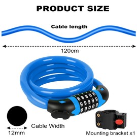 Ainiv Bike Lock, High Security 5-Digit Combination Coiling Cable Lock, 1.2mx12mm, Heavy Duty Bike Lock with Mounting Bracket, for Bike, Motorbike, Scooter, Gate, Fence, Blue