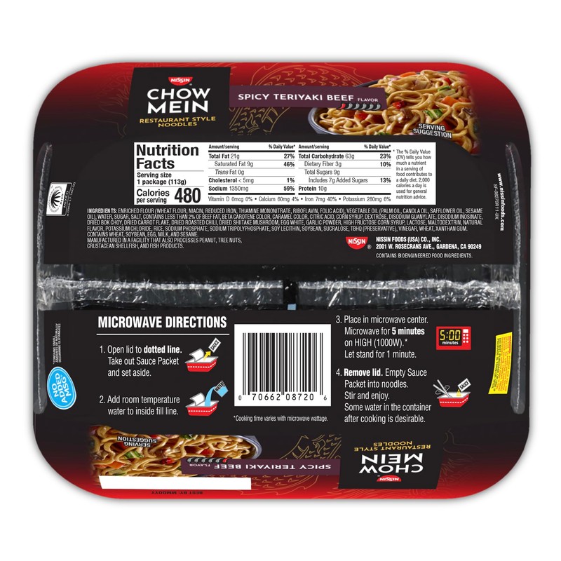 Nissin Chow Mein Noodles, Spicy Teriyaki Beef, 4 Ounce (Pack