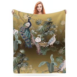 Chinoiserie Oriental Chinese Peacock Golden Green Floral Botanical Flannel Fleece Lightweight Cozy Bed Soft Throw Blanket Fit Couch Sofa for Home Bedding Living Room Traveling Camping 50 X40
