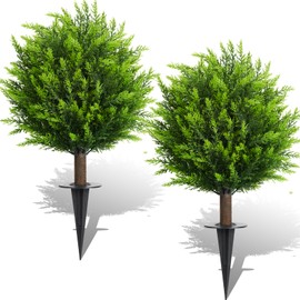 26.5" Artificial Cedar Topiary Ball Trees, Set of 2 UV Resistant Fake Evergreen Trees Shrubs Bushes Artificial Plants with Ground Spike Faux Cypress Plants for Indoor Outdoor Front Porch Garden