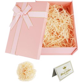 Gift Box with Lid 25 x 18 x 8.5 cm, Premium Gift Box with Bows, Gift Box Set, Greeting Cards, Raffia Hamper Shreds for Wedding, Mother's Day, Birthday, Christmas, Valentine's Day (Pink)