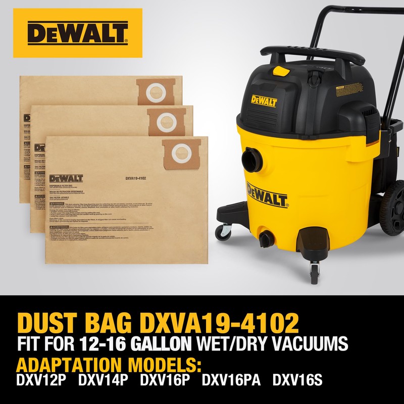 3 Pack DEWALT Dust Bag DXVA19-4102, for 12-16 Gallon Wet/Dry