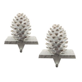 sunepany 2 Pack Christmas Pinecone Stocking Holders Mantle, Gift Stocking Hook Pine Cone 3D Xmas Metal Mantel Stocking Hangers for Fireplace Christmas Decorations(White)