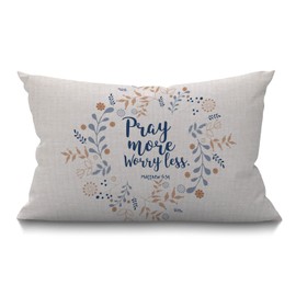 BGBDEIA Cushion Cover Pray More Worry Less Floral Wreath Bible Quote Christian Verse Faith Style Rectangular Throw Pillow Cover for Couch Sofa Home Decor Cotton Linen 30 x 50 cm 12x20 Inch