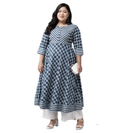 Yash Gallery Anarkali Kurta de algodón con estampado floral para mujer, Azul., 4XL
