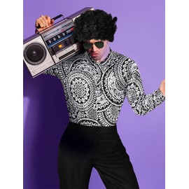 Mepase 6 Pcs Men 70s Disco Costumes Include Floral Shirt Bell Bottom Pants Sunglasses Wig Necklace Wig Cap for Disco Party (Medium)