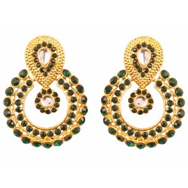 Touchstone Indian Bollywood Round Bali Shape Traditional Kundan Polki Jadau Faux Black Onyx Long Bridal Designer Jewelry Chandelier Earrings For Women In Antique Gold Tone.