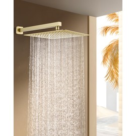 KINLIV 12 Inch Brushed Gold Rain Shower Head with Extension Arm, Rainfall Square Showerhead with 16 Inch Shower Arm All Stainless Steel, 144 Outlets Waterfall Full Body Coverage