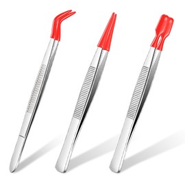 Honoson 3 Pieces Tweezers with Rubber Tips PVC Coated Set Rubber Straight Flat Tip Long Bent Tweezers for Crafts Stamps Beads Jewelry Tools(Red)