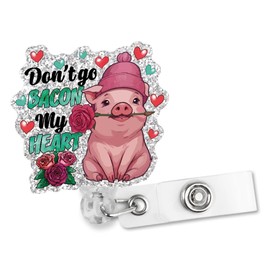 Sixrip Don't Go Bacon My Heart Retractable Glitter Badge Reel with Alligator Clip, Funny Pig Badge Holder for Nurse Medical Worker, Bacon Heart Gifts, Valentines Day Birthday Gifts for Animal Lover