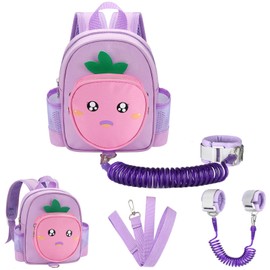 Toddler Backpack with Leash, Accmor 4 in 1 Kids Mini Backpacks with Anti Lost Wrist Link, Cute Child Harness Bag Rein for Outdoor, Strawberry Back Pack Rope Tether for Baby Girls Aged 1-3 Years (Pink)