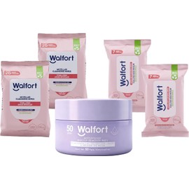 Walfort Toallitas micelares + Pads desmaquillantes waterproof. Remueven maquillaje, limpian e hidratan. Ideales para el cuidado diario de la piel. Caja con 5 productos