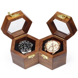 Mars Exports Wooden Watch Organizer Case with Glass Lid | 2 Slot Men’s Watch Storage Box – Dark Rosewood Finish | Elegant Watch Holder for Travel & Gift for Watch Lovers