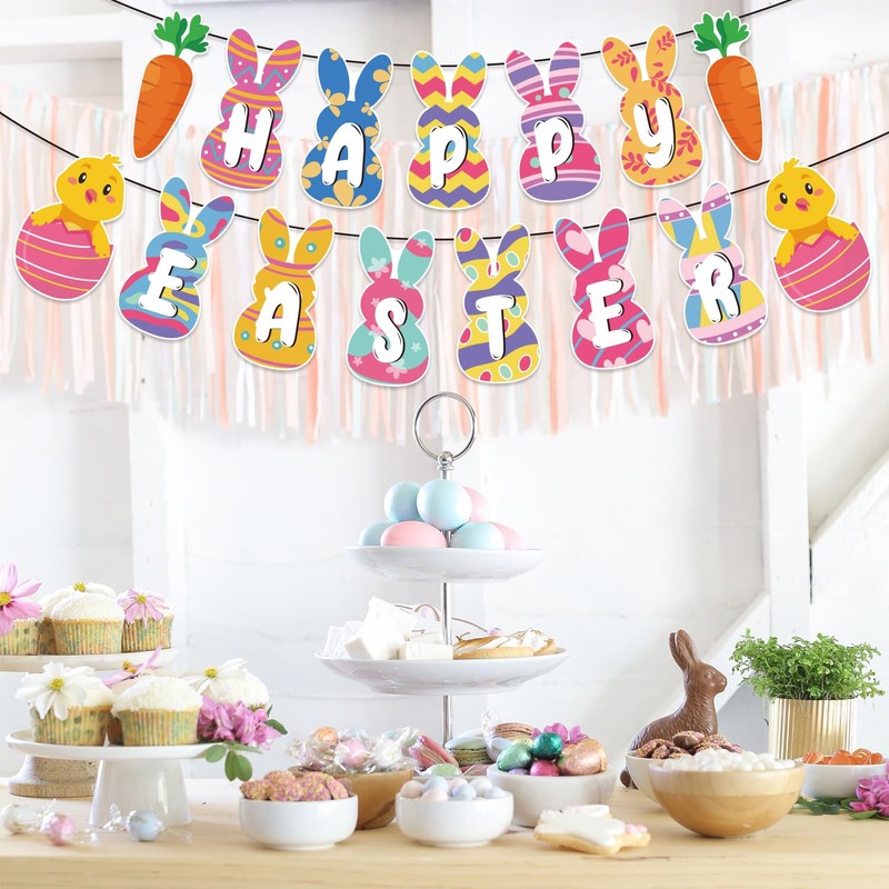 DACSTLWKJ Happy Easter Banner Decorations Bunny Easter Carrots Egg Garland