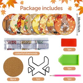 8 Pcs Fall Gnome Diamond Art Painting Coasters Kits with Holder DIY Fall Gnome Diamond Art Coaster with Cork Bases for Adults Diamond Painting Kits Supplies for Fall Gift