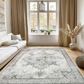 Area Rugs for Living Room 8x10 0.24inch Low Pile Faux Wool Bedroom Rug TPR Anti-Slip Backing Carpet Vintage Soft Rugs for Dining Room décor Machine Washable (Beige, 8 * 10)