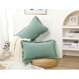 NUYECY Set of 2 Natural Linen Fringed Throw Pillow Covers,Sage Green Neutral Decorative Lumbar Pillowcase with Chic Tassel Burlap Boho Cushion Covers for Couch Sofa Farmhouse,12x20 inches
