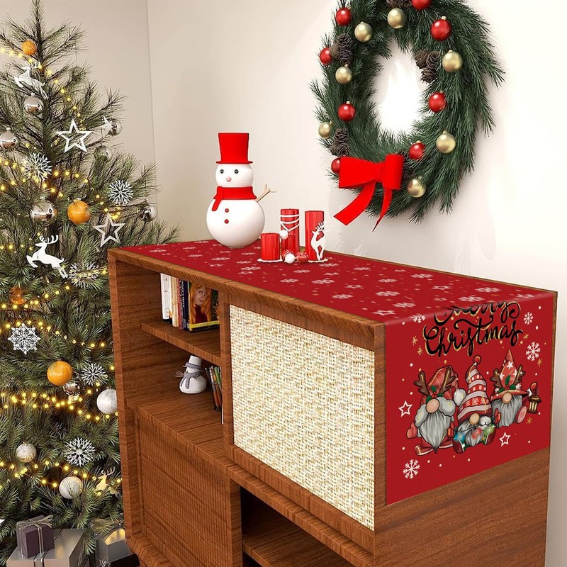 Christmas Gnomes Table Runner Red Snowflake Winter Decorations Glitter Xmas