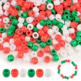 1000pcs Christmas Pony Beads, Hair Beads Bulk, Xmas Plastic Beads for Crafting, Threading Beads Red Green White for Jewelry Making Bracelet Necklace, DIY Arts and Crafts (6x8mm)