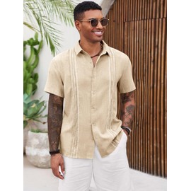 Runcati Mens Cuban Guayabera Shirts Short Sleeve Button Down Casual Summer Beach Wedding Embroidered Linen Tops Beige