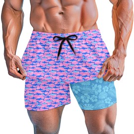Blue Floral Swim Suits for Men Swim Trunks Mens 5.5" Bathing Suits with Boxer Brief Liner Man Pink Shark Beach Shorts Surfting Stretch Shorts Men's Swimwear Large